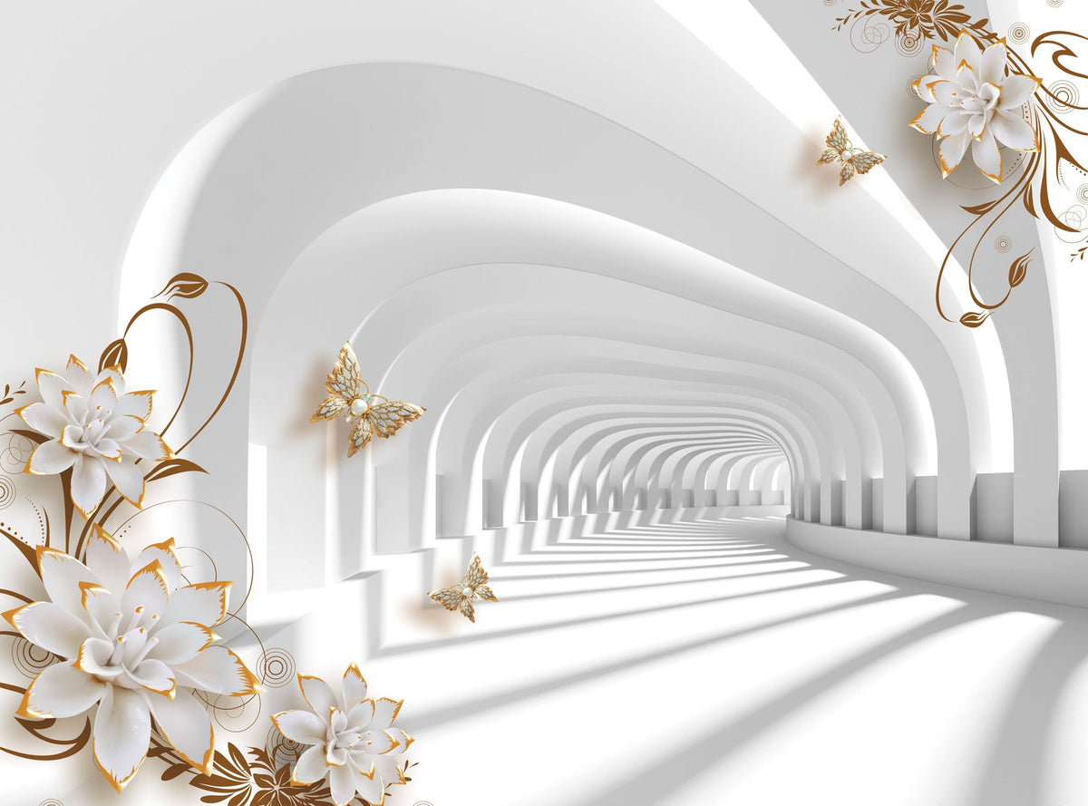 Decorative tunnel with white flowers and gold butterflies on a white background