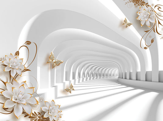 Decorative tunnel with white flowers and gold butterflies on a white background