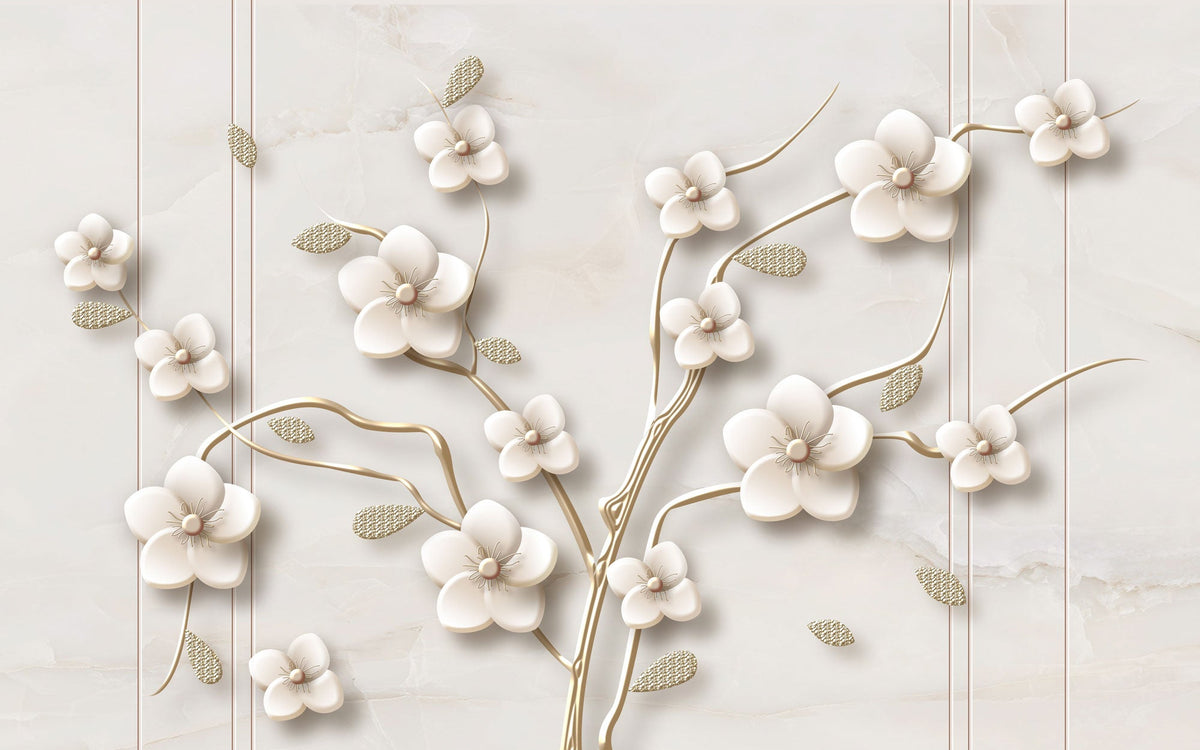 Decorative floral branch with white flowers on a light gray background