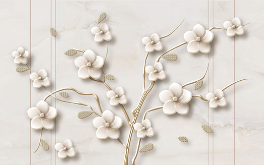 Decorative floral branch with white flowers on a light gray background