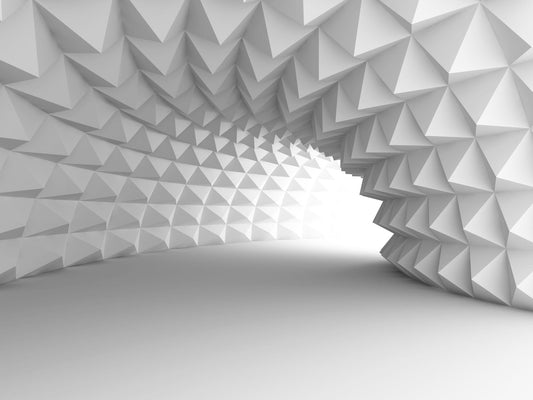 Geometric 3D tunnel made of white triangles on a white background