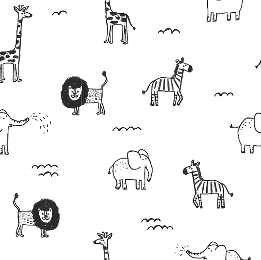 Pattern of black and white animal illustrations on a white background