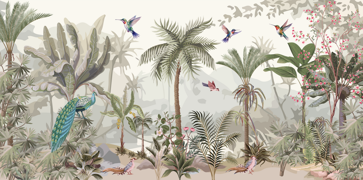 Jungle scene with palm trees, birds, and flowers in a stylized illustration.