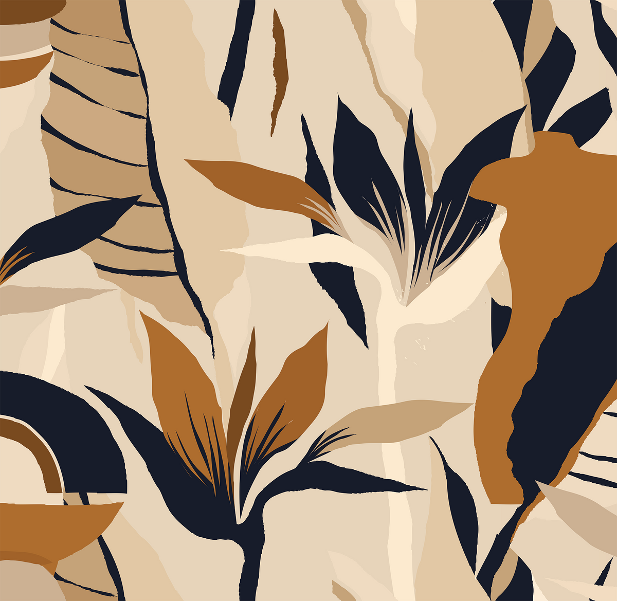 Pattern of stylized leaves in brown, black, and beige on a beige background