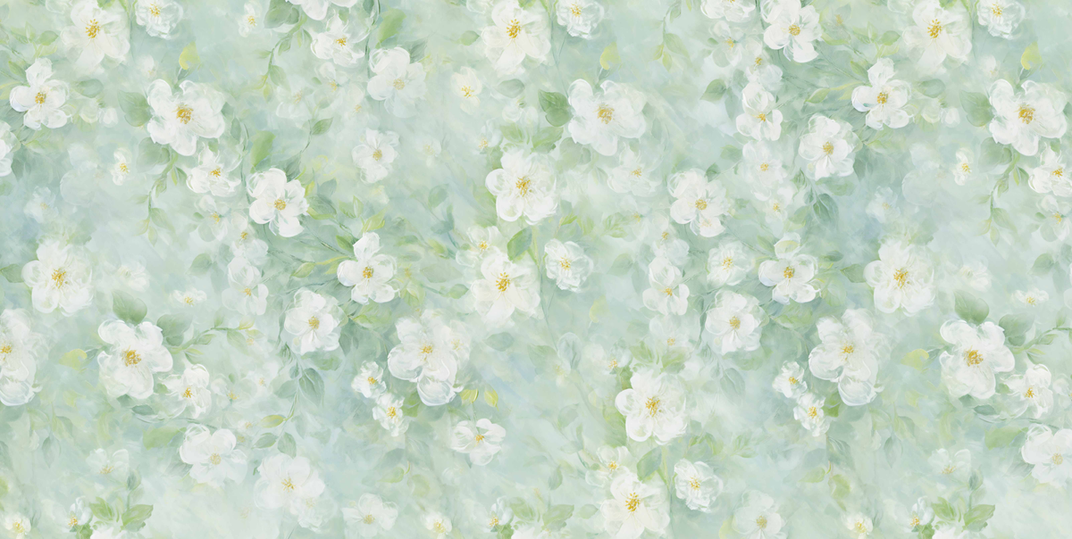 Pattern of small white flowers on a light green background
