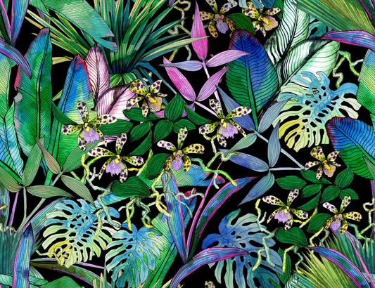 Colorful tropical leaf pattern on a black background