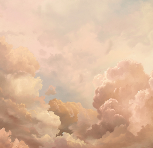 Pastel-colored clouds in a soft, hazy sky