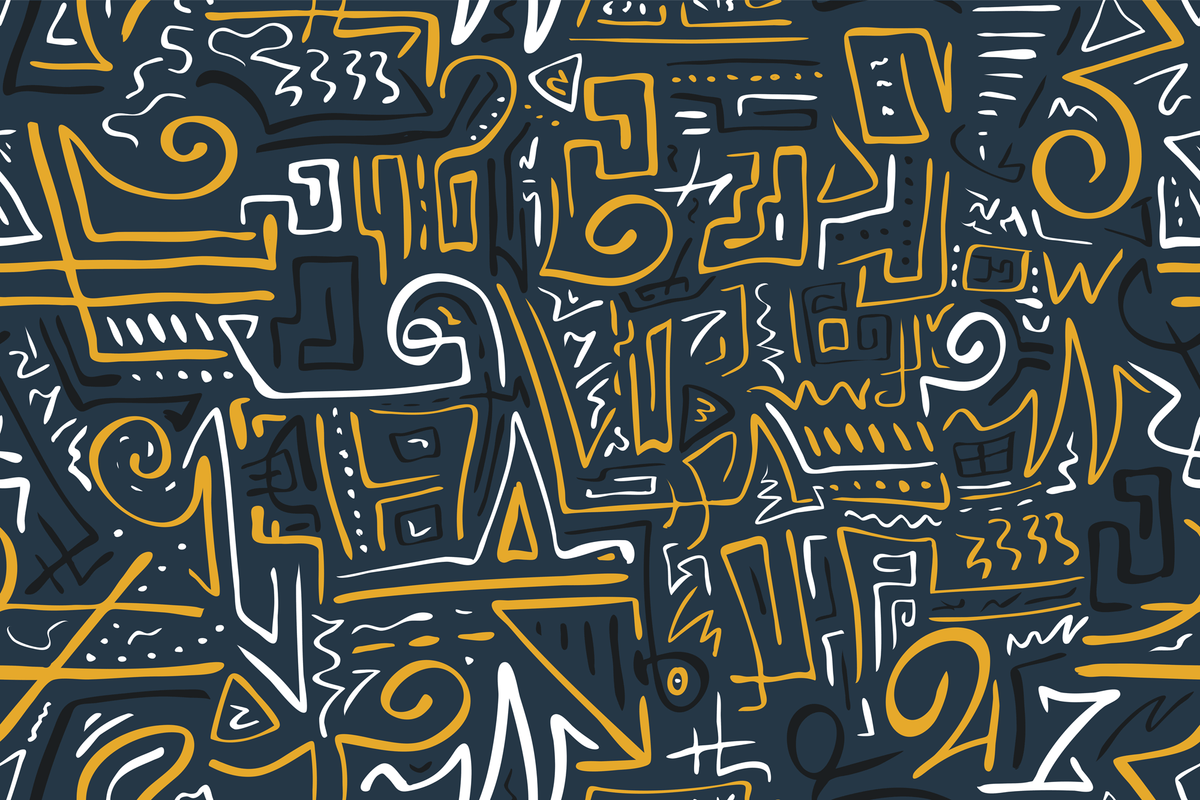 Pattern of abstract shapes and lines in yellow, white, and black on a dark blue background