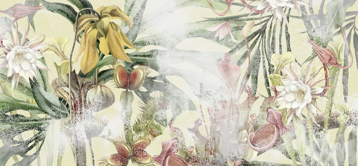 Tropical floral design with leaves and flowers in pastel colors
