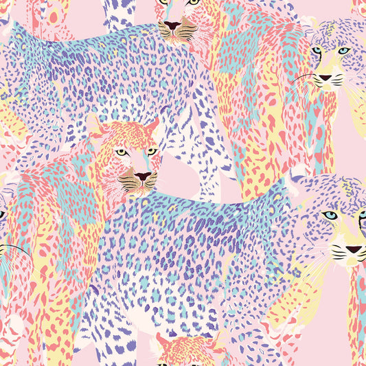 Colorful pattern of leopards on a pink background