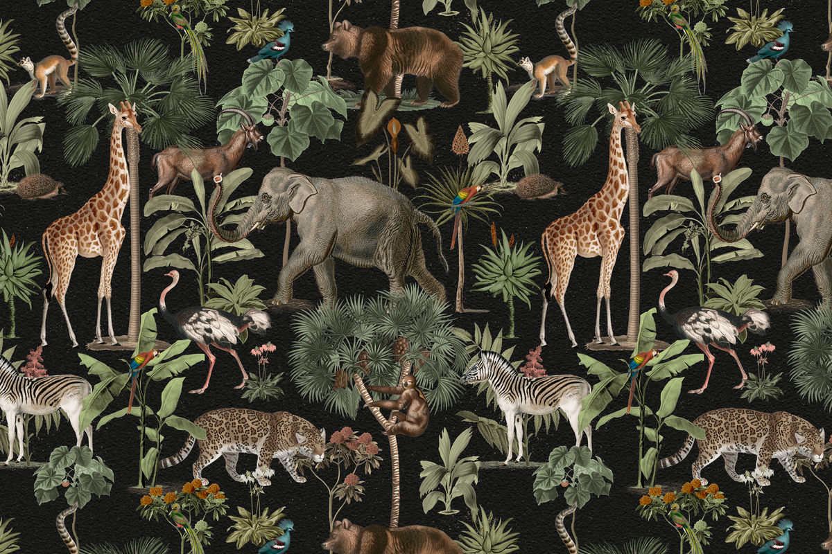 Jungle-themed fabric pattern with animals and plants on a black background