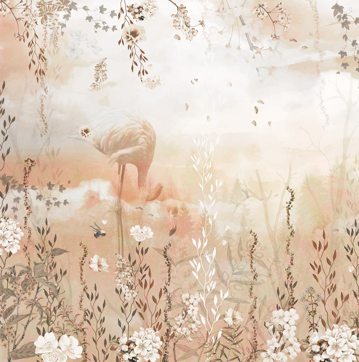 Floral and nature-themed wallpaper with pink flamingos and white flowers.