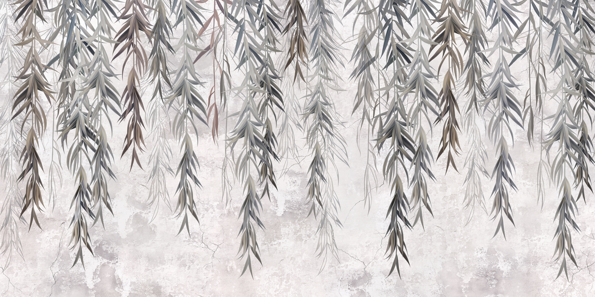 Decorative wallpaper with hanging leaves on a textured white background