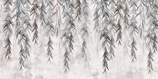 Decorative wallpaper with hanging leaves on a textured white background