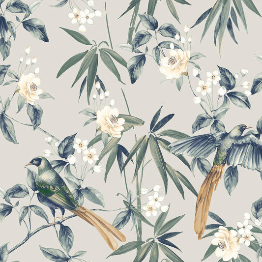 Floral and bird pattern on a light gray background