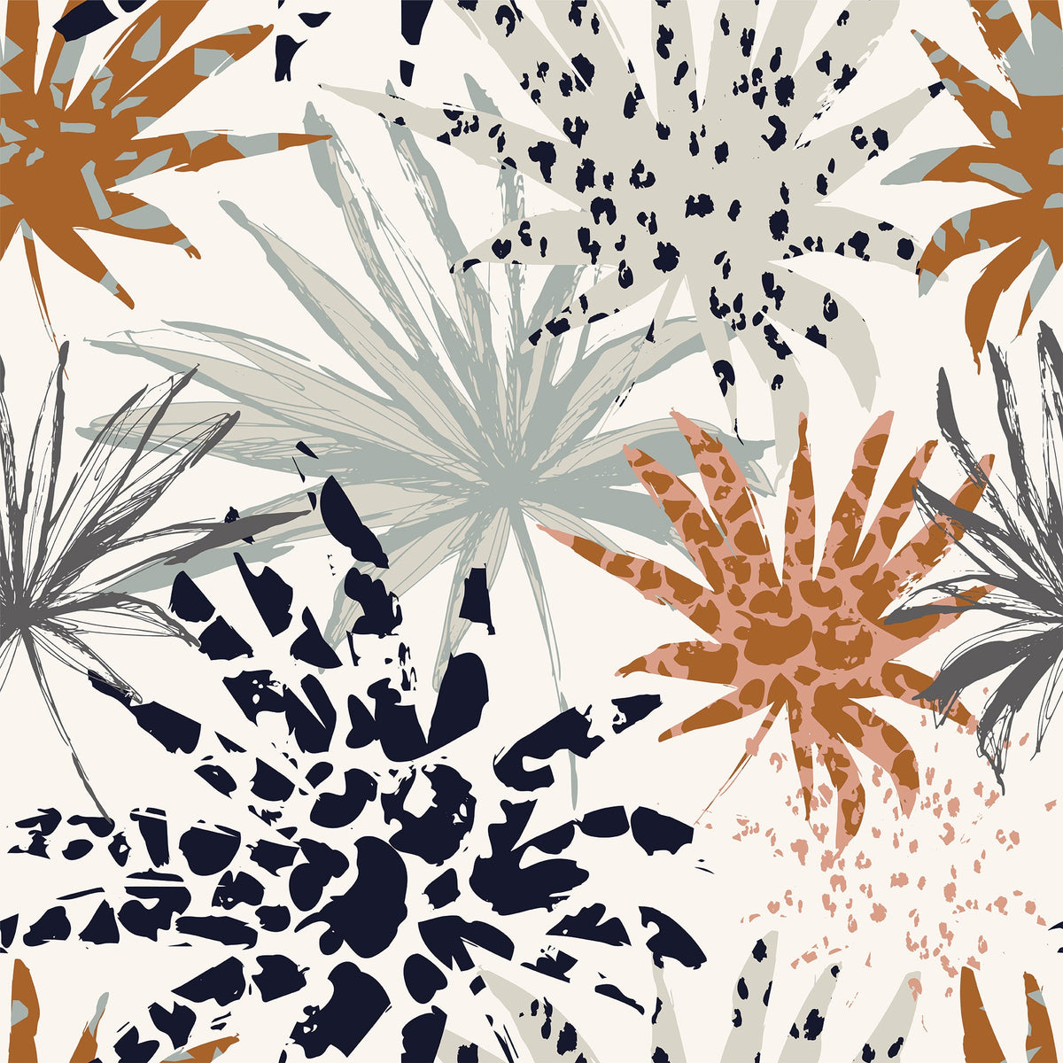 Pattern of abstract palm leaves in various colors on a light background