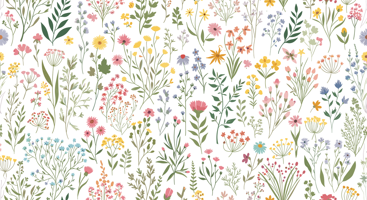 Pattern of various colorful flowers and leaves on a white background