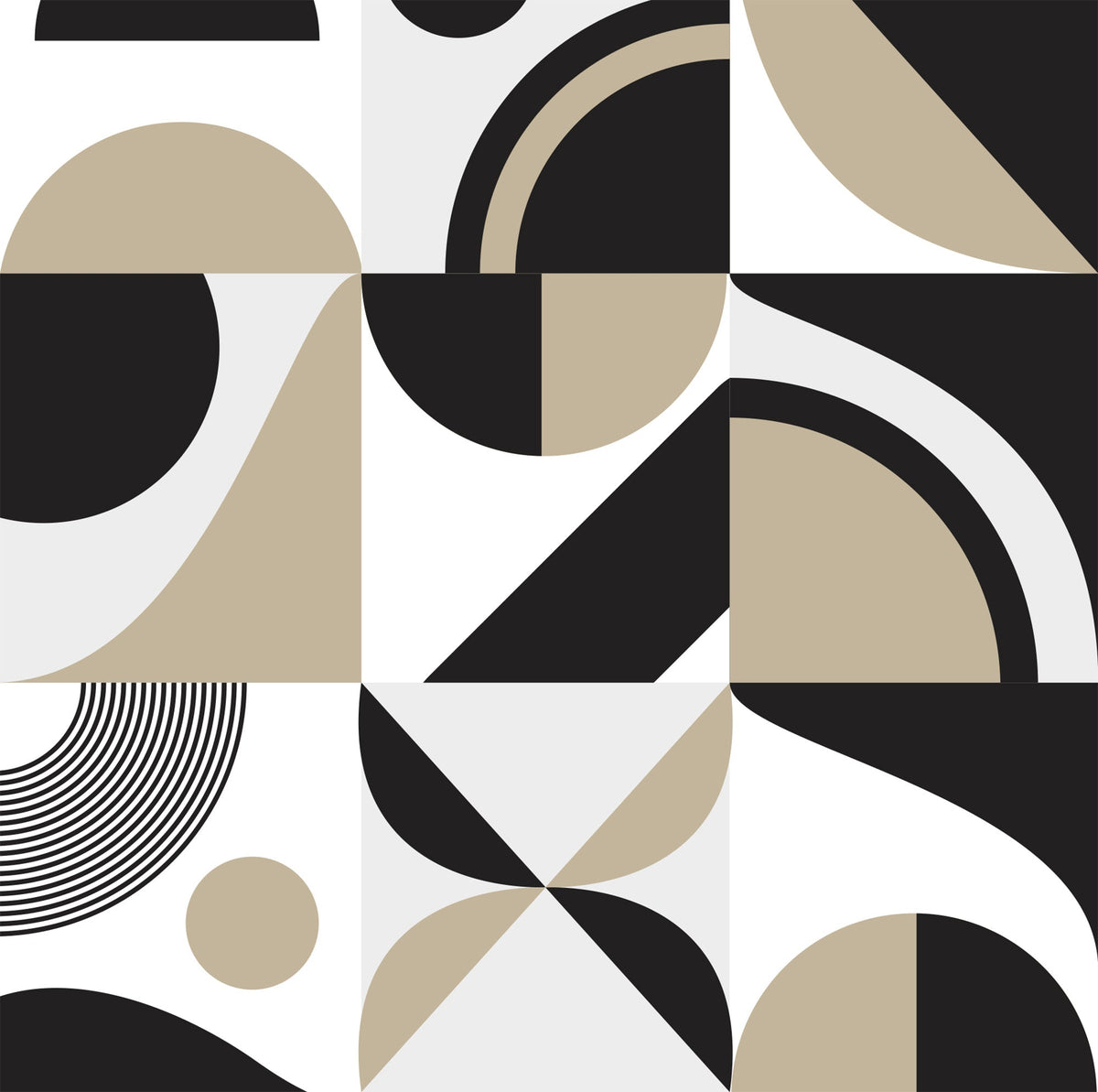 Geometric pattern with black, white, and beige shapes on a white background