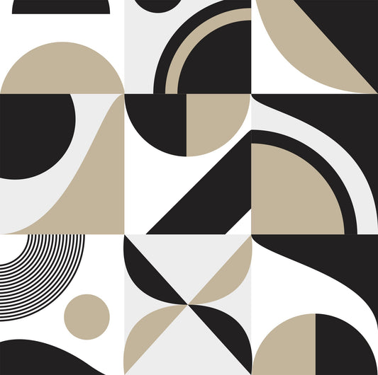 Geometric pattern with black, white, and beige shapes on a white background