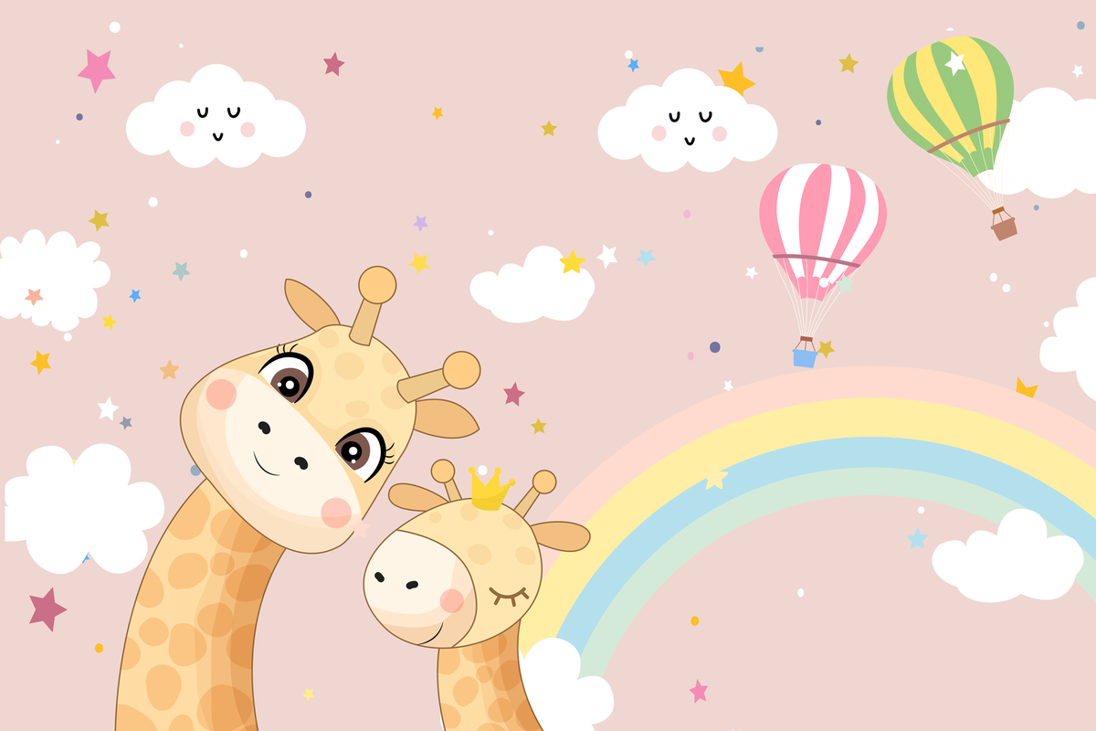 Cartoon giraffes with a rainbow, clouds, and hot air balloons on a pink background
