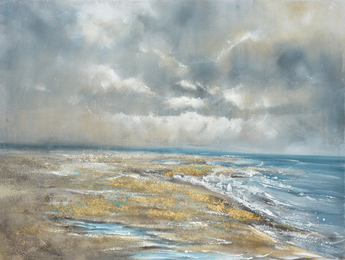 Painting of a coastal landscape with a cloudy sky and sandy beach.