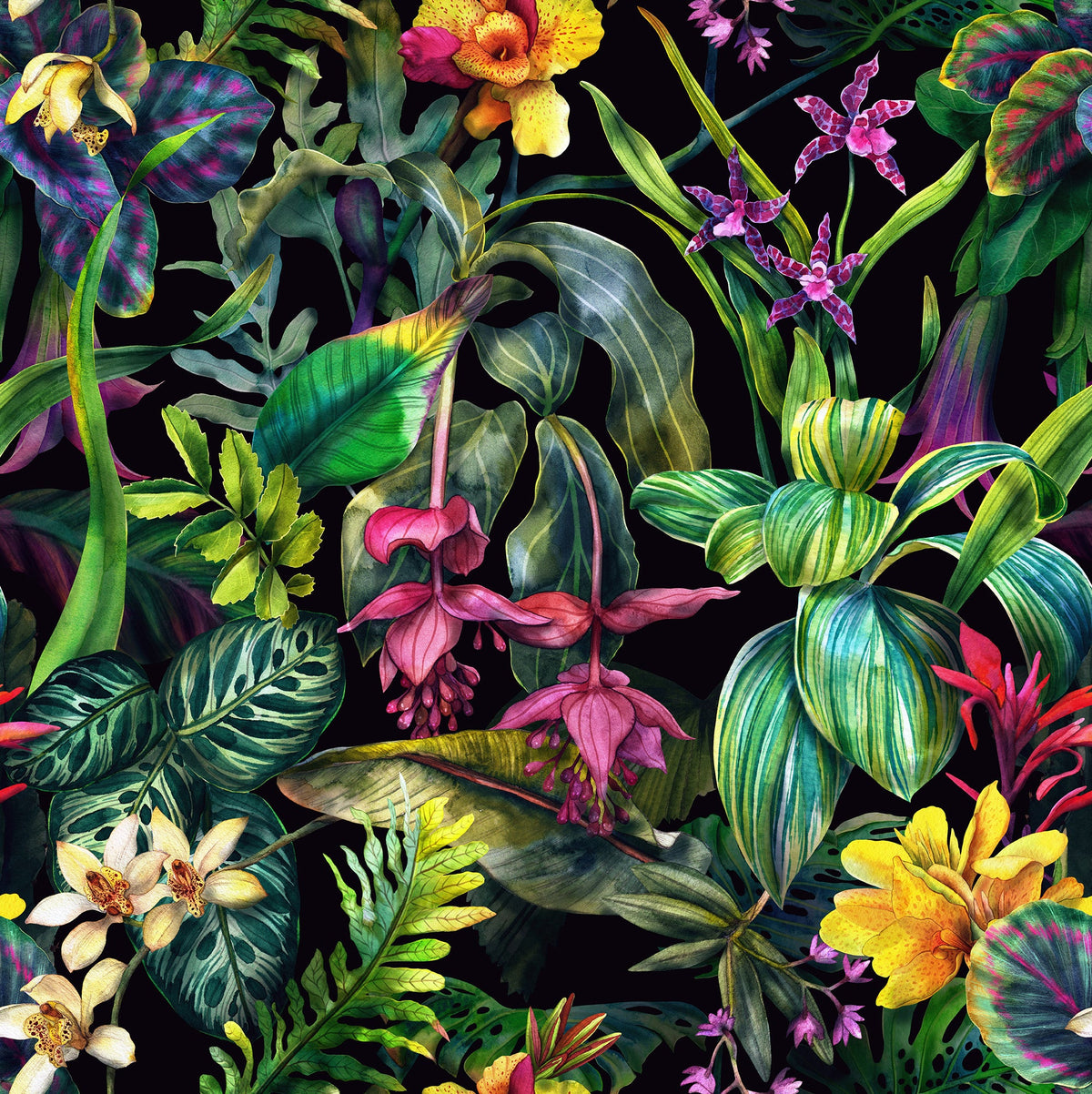 Colorful tropical floral pattern on a black background