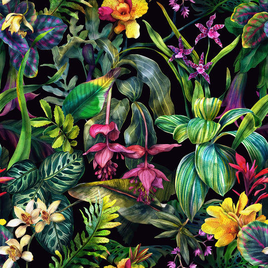 Colorful tropical floral pattern on a black background