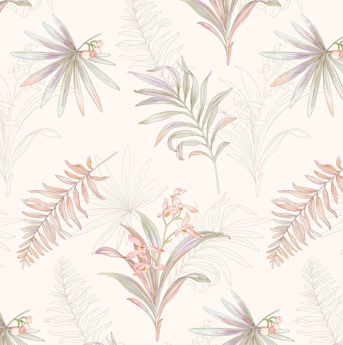 Tropical leaf pattern with pastel colors on a light background