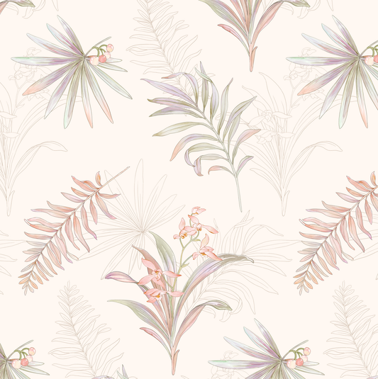 Tropical leaf pattern with pastel colors on a light background