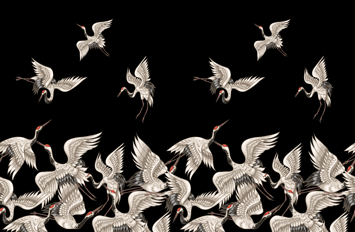 Pattern of white cranes on a black background
