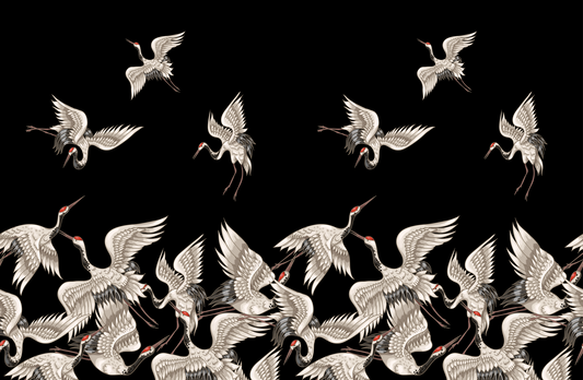 Pattern of white cranes on a black background