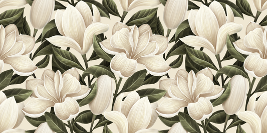 Pattern of white flowers with green leaves on a white background