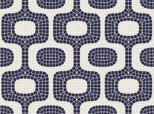 Pattern of interlocking shapes in navy and beige on a white background