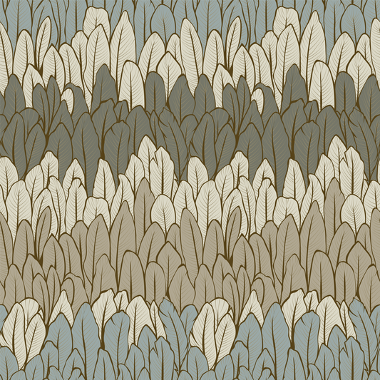 Pattern of stylized trees in various shades of green and brown.