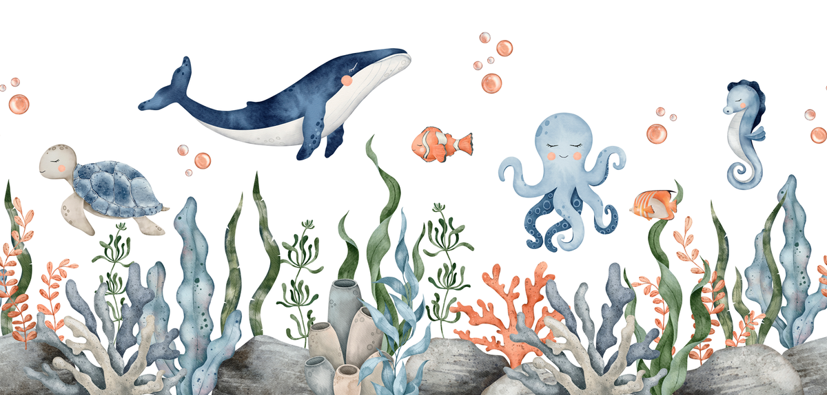 Illustration of various sea creatures and underwater plants on a white background