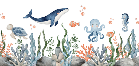 Illustration of various sea creatures and underwater plants on a white background