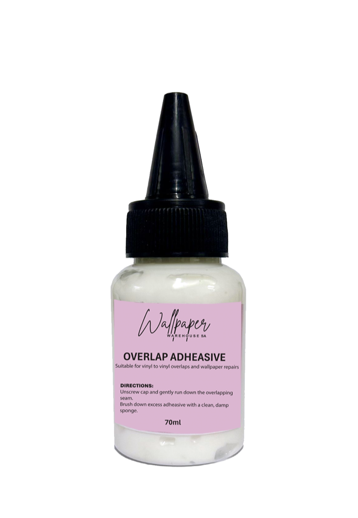 Bottle of Wallpaperoverlap Overlap Adhesive with a black cap on a white background