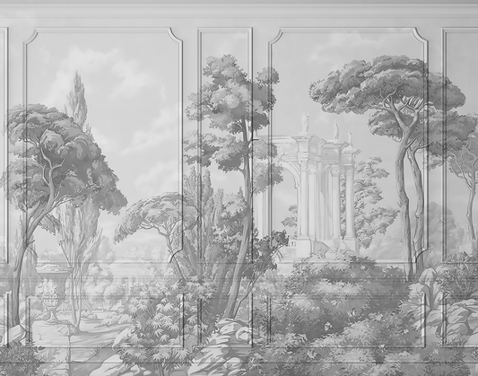 Decorative wall panel with classical landscape design featuring trees and ruins.