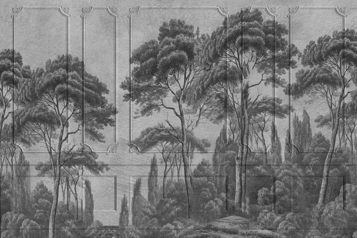 Tile mosaic of a forest scene with trees and landscape.
