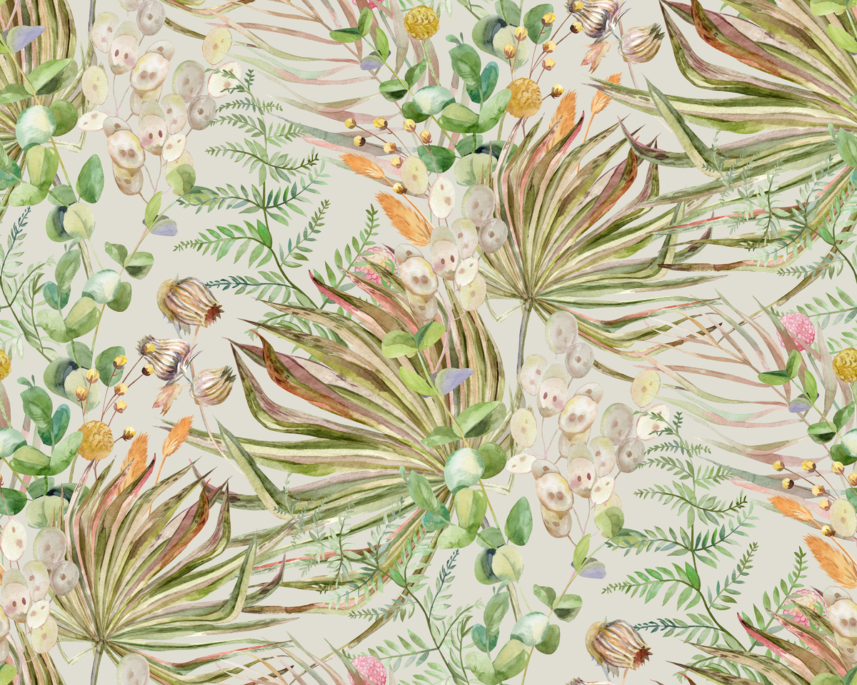Pattern of tropical leaves and flowers on a light background