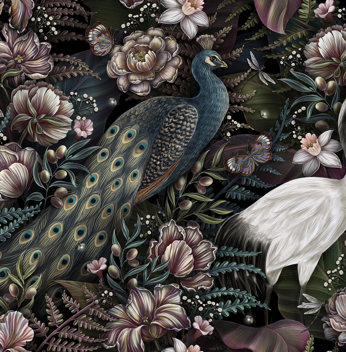 Illustration of a peacock and egret among flowers and foliage