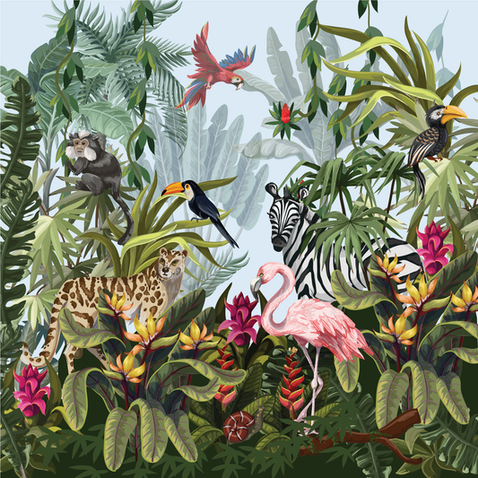Illustration of a tropical jungle scene with animals and flowers