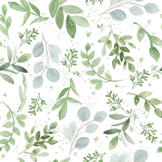 Pattern of green leaves and branches on a white background
