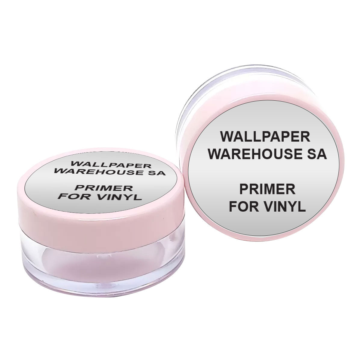 Two small containers with white lids, labeled 'WALLPAPER WAREHOUSE SA PRIMER FOR VINYL', designed for storing primer for vinyl wallpaper.