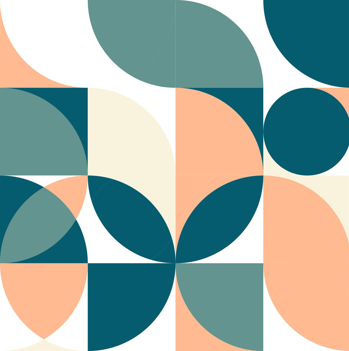 Geometric pattern with circular and square shapes in teal, orange, and beige on a white background