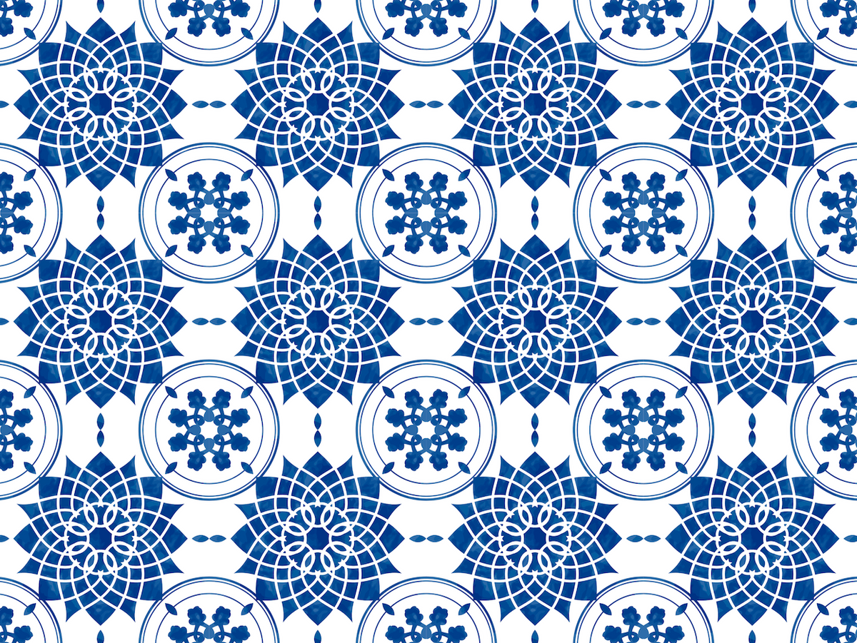 Pattern of blue geometric shapes on a white background