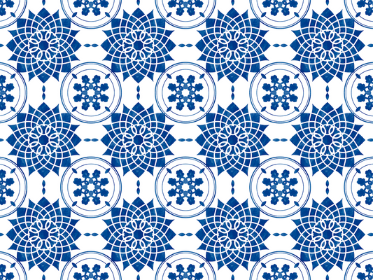 Pattern of blue geometric shapes on a white background