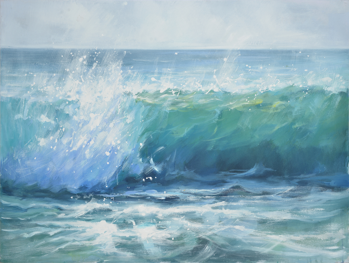 Oil painting of a large wave crashing in the ocean with a light blue sky.
