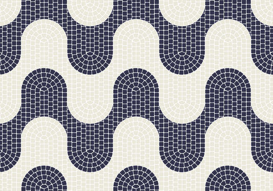 Pattern of blue and white curved tiles on a white background