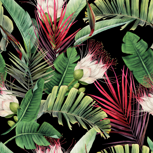 Tropical leaves and flowers on a black background